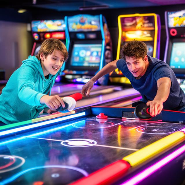 Zwei Jugendliche spielen Air-Hockey an einem farbenfrohen Automaten in der Arcade-Zone