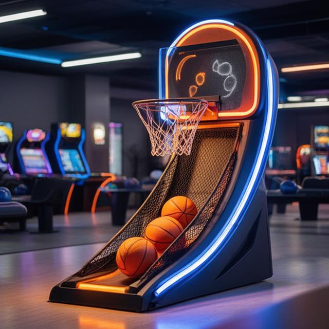 Basketball-Wurfautomat mit beleuchtetem Korb und Spielstandsanzeige im Bowlingcenter