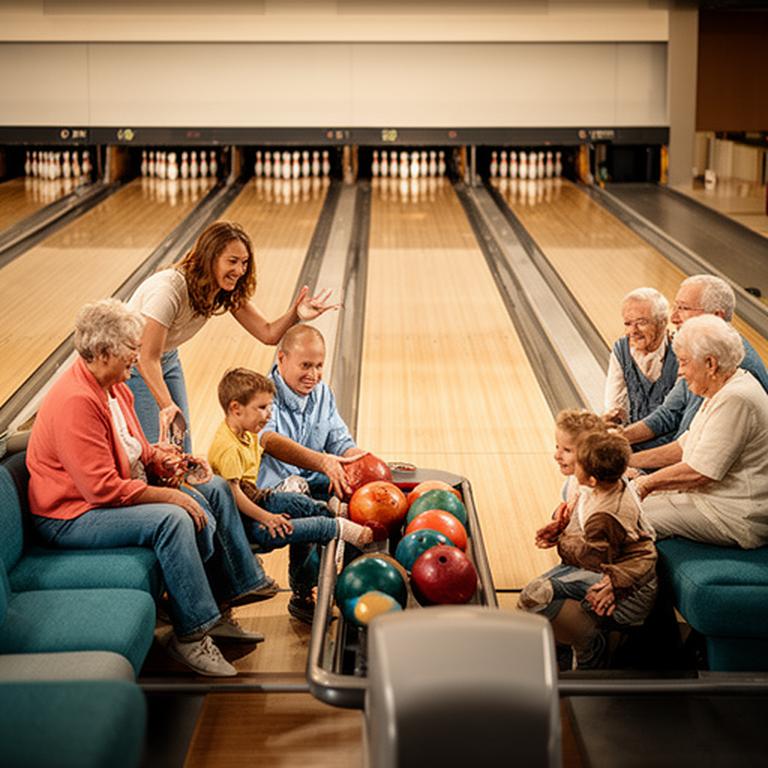 Familie und Seniorengruppe beim gemeinsamen Bowling mit Sitzplätzen direkt an der Bahn