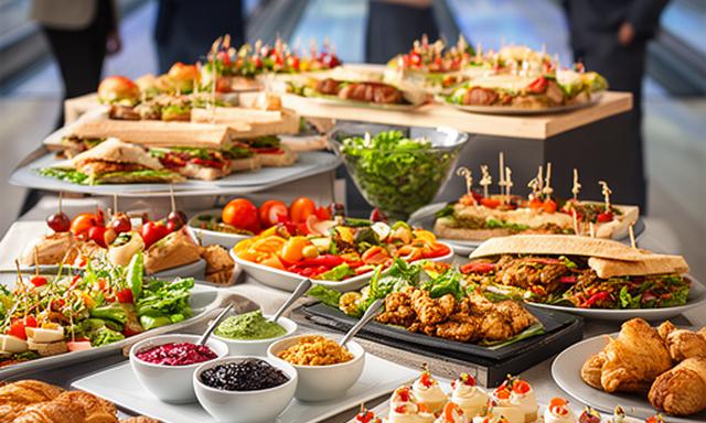 Buntes Fingerfood-Buffet auf einem gedeckten Tisch bei einer Firmenfeier