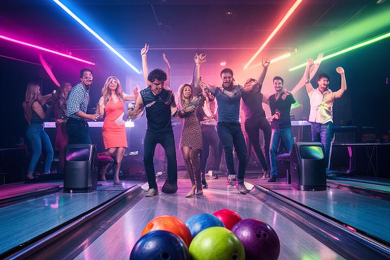 Erwachsene Bowlinggruppe auf einer beleuchteten Bahn mit Neonlicht und farbigen Lichteffekten in Schneeberg