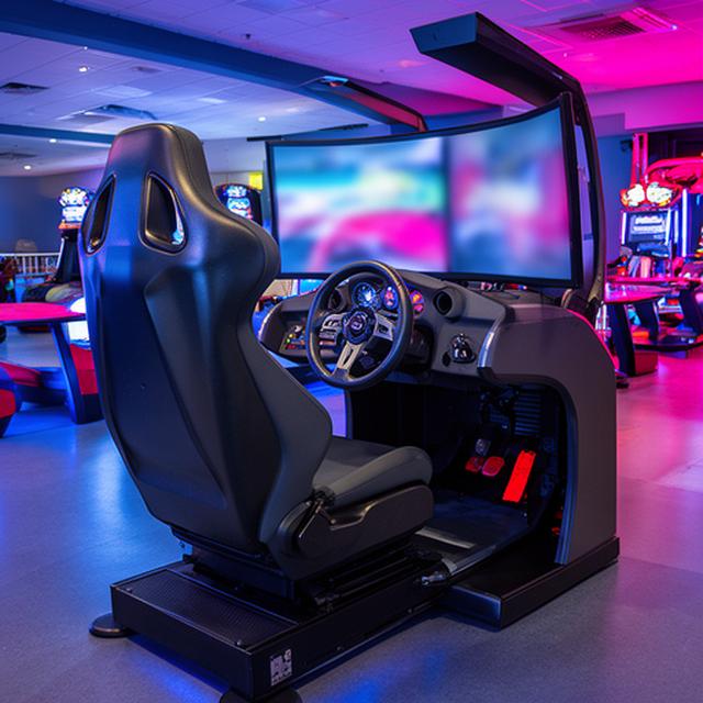 Rennsimulator mit Lenkrad und Sitz in der modernen Arcade-Zone des Bowlingcenters