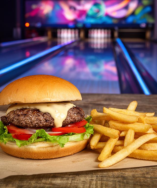 Frischer Bowling-Burger mit Pommes auf einem Tisch neben beleuchteten Bowlingbahnen
