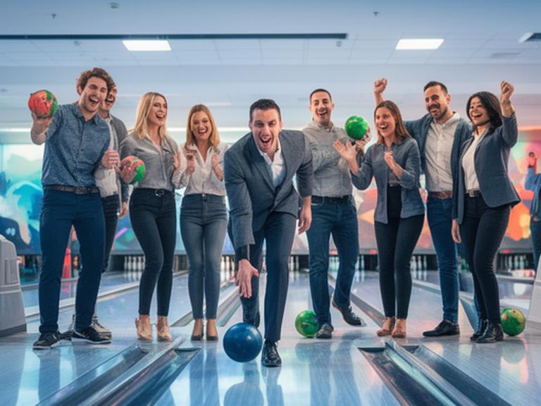 Lachende Kolleginnen und Kollegen beim gemeinsamen Bowling in einer hell beleuchteten Halle